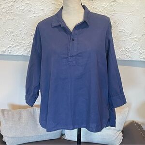 CP Shades Womens Top Blouse Shirt Blue Linen Blue Short Sleeve Button Sz M